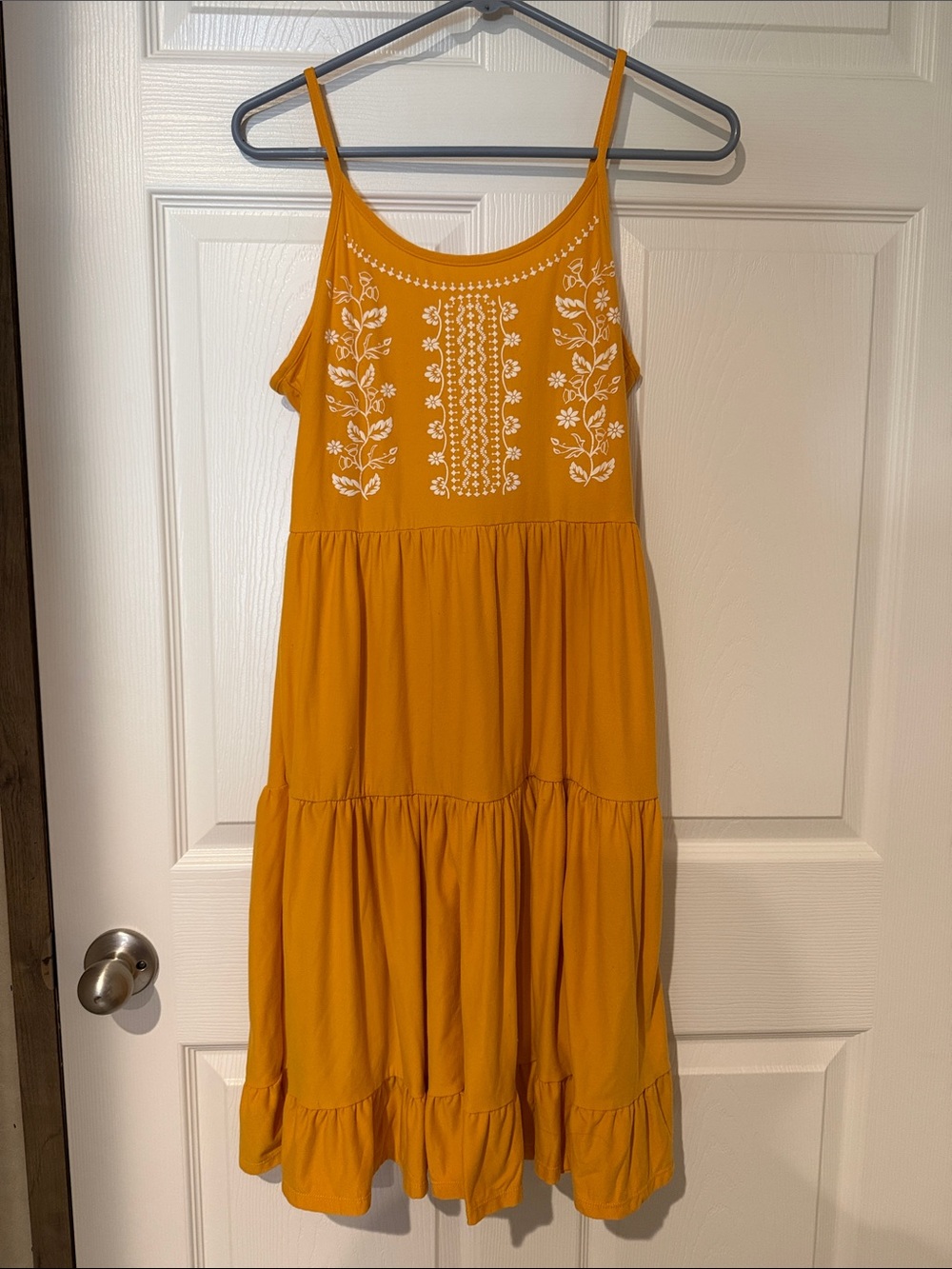 Allison Brittney Mustard Yellow Embroidered Tiered Spaghetti-Strap Midi Dress